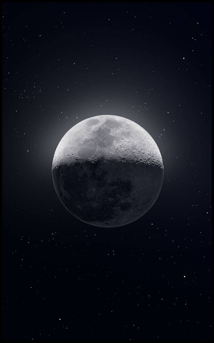 一個帶有隕石坑的詳細月亮，襯著繁星點點的夜空。