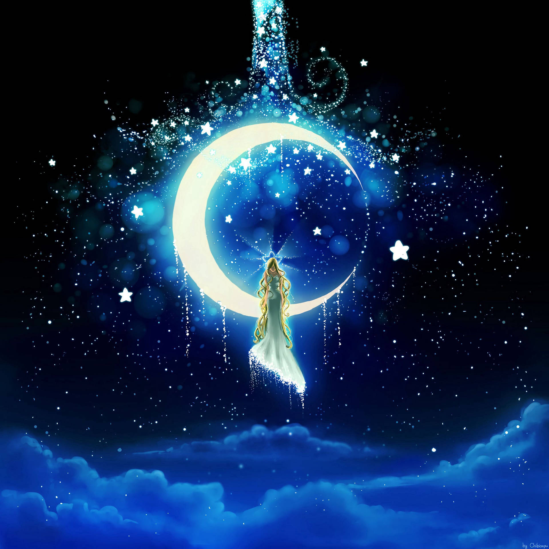 一位發光的月亮女神漂浮在由星星和雲朵環繞的彎月前。 — 月亮與星星動畫 壁紙