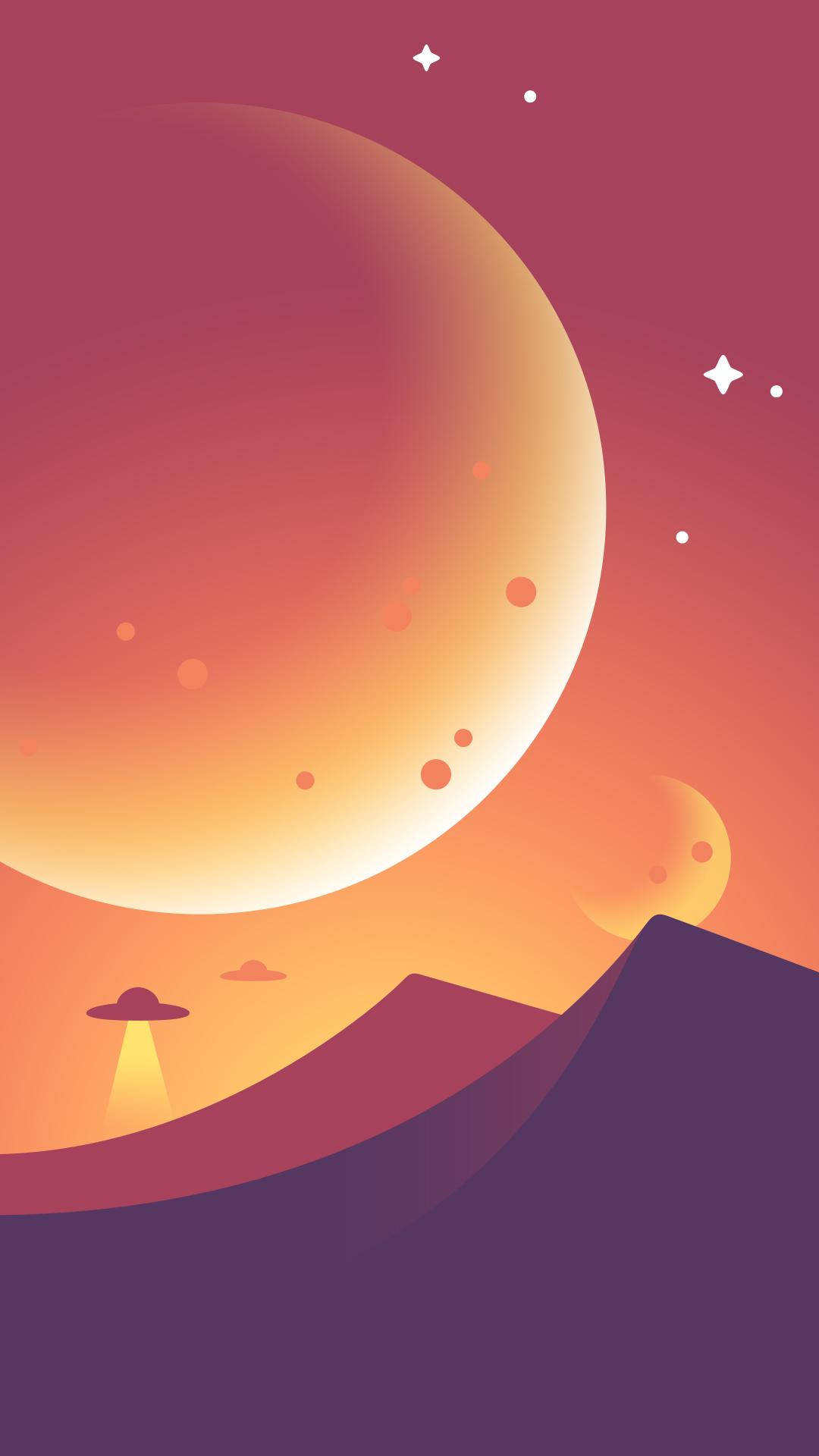 外星飛船在暮色中降落在紫色山脈上，上方是一顆巨大的橙色行星。