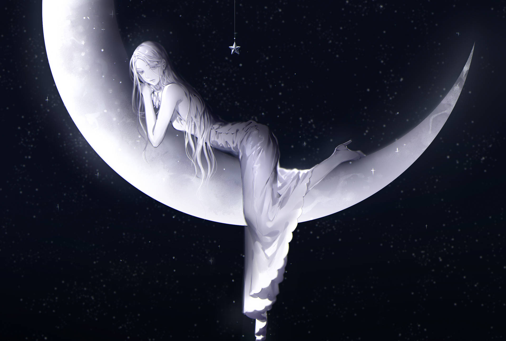動漫女孩在星空夜空中躺在彎月上，上方有懸掛的星星