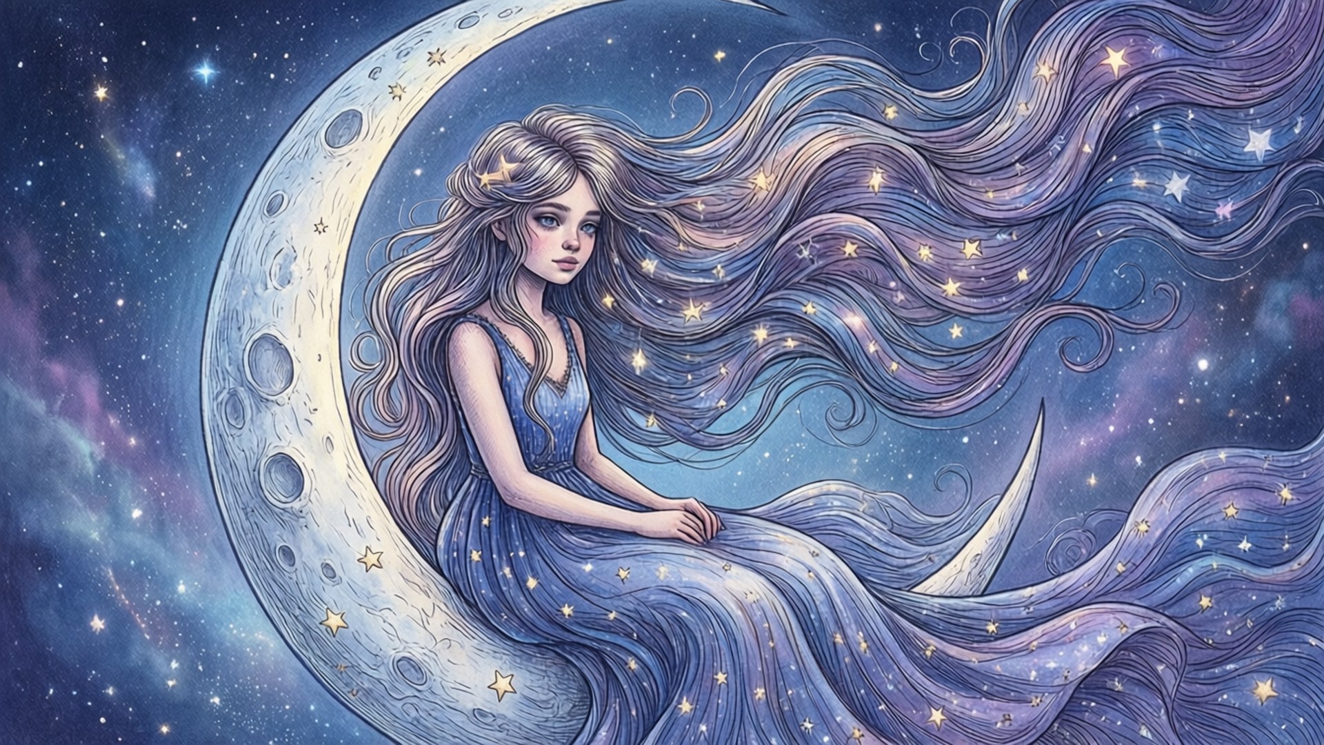 一位擁有星星頭髮的少女，在星空夜晚坐在新月上。