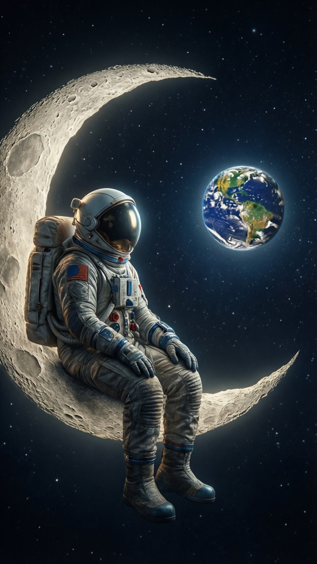太空人坐在新月上看著星空中的地球