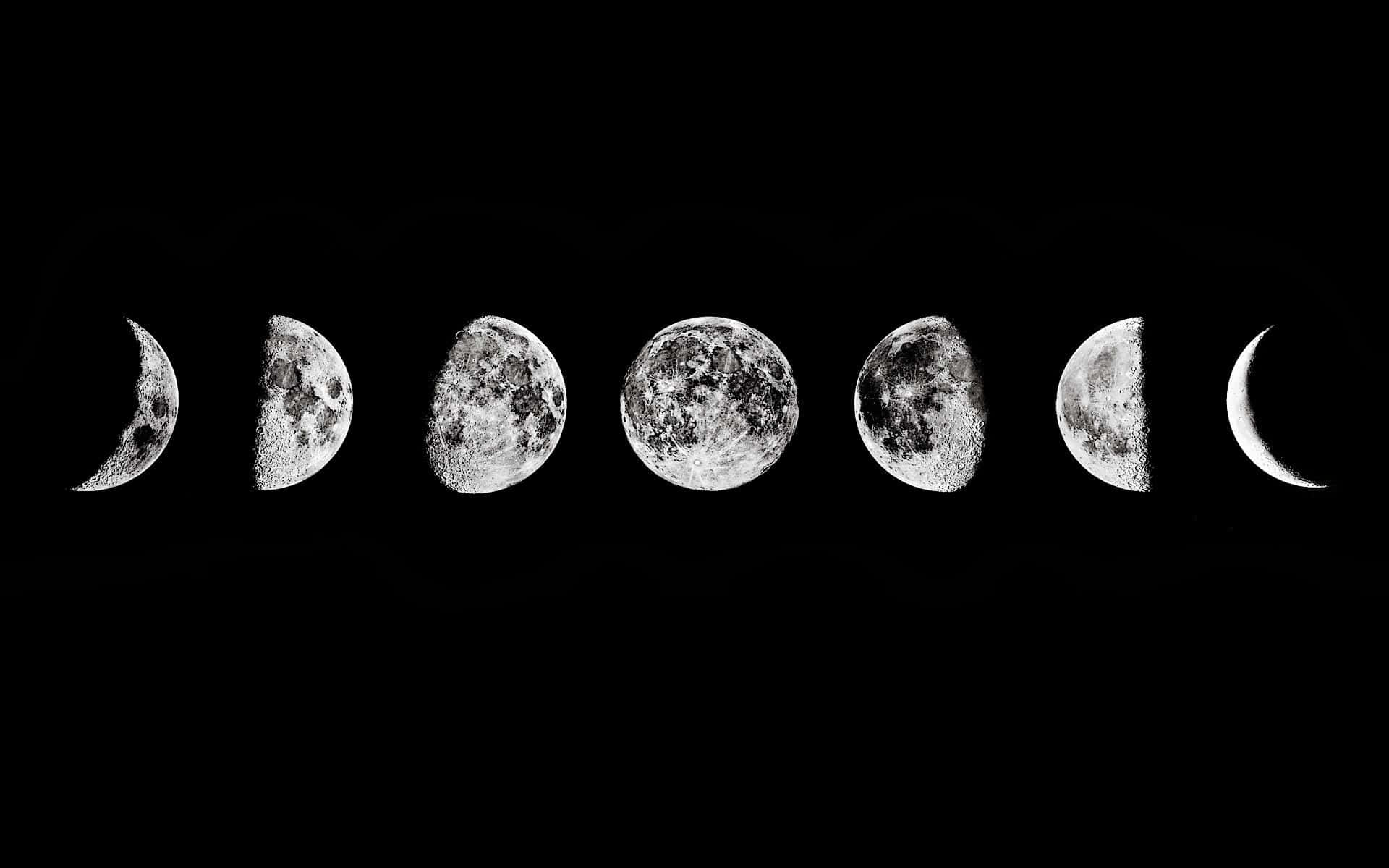 Moon Phases 桌布 壁紙 — 月球八個階段的鮮明黑白序列，水平排列在虛空中。