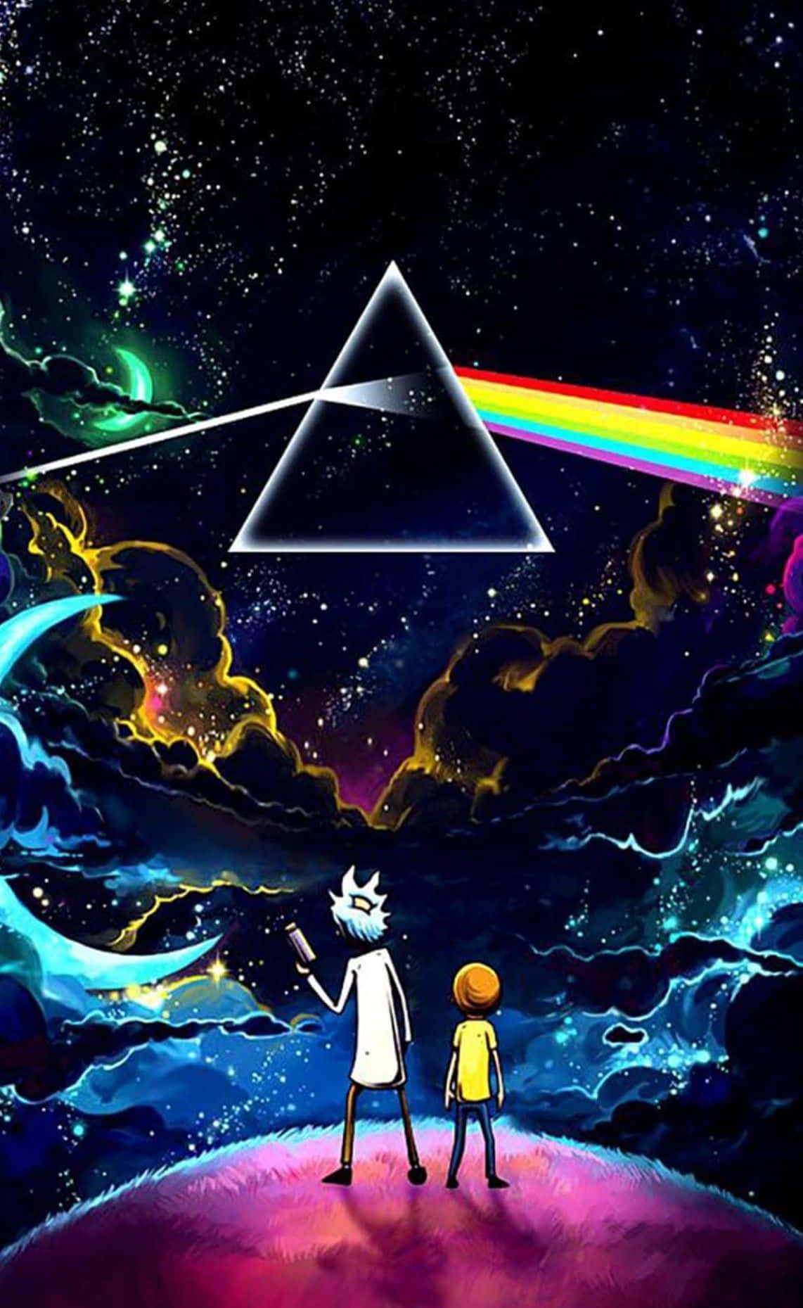 瑞克和莫蒂在星光燦爛的宇宙天空中仰望一道彩虹棱鏡。