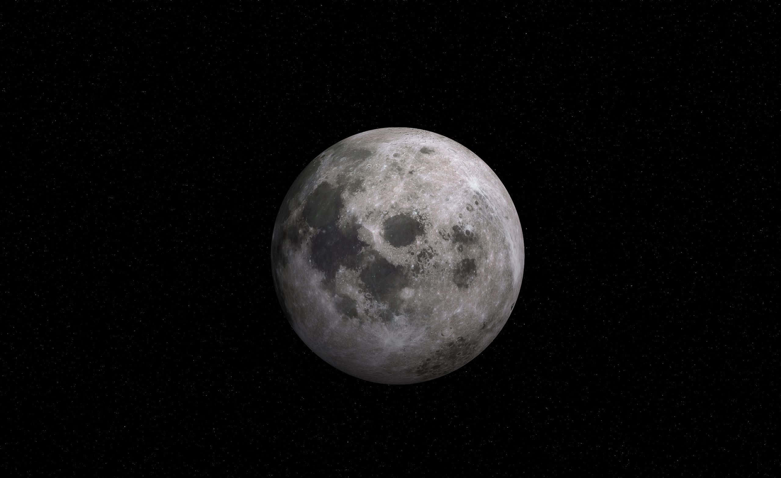 Dark Moon 桌布 壁紙 — 月球表面的詳細視圖，顯示隕石坑和月海，背景是繁星點點的黑夜。