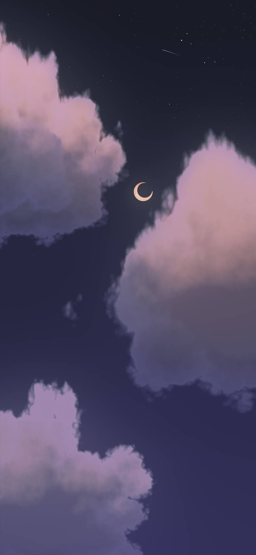新月在柔和的紫色和粉紅色雲朵之間，星空夜空下。
