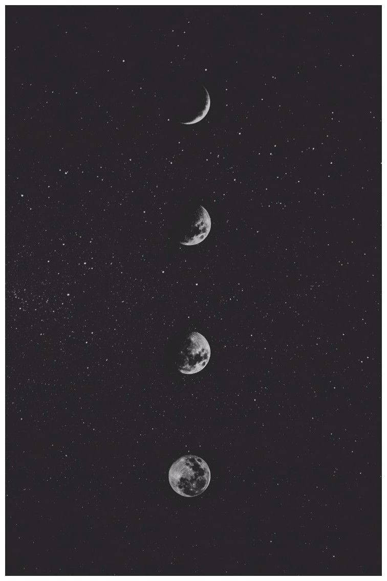 月相暗灰iPhone壁紙 壁紙 — 四個月亮相位垂直排列，背景係繁星夜空，單色調。