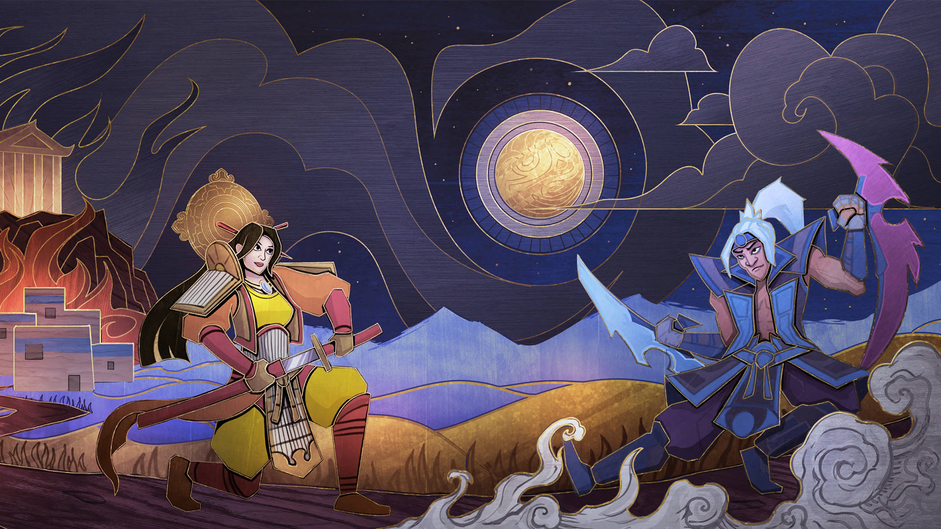 兩個奇幻戰士在發光的宇宙月亮下於風格化的插圖中戰鬥。