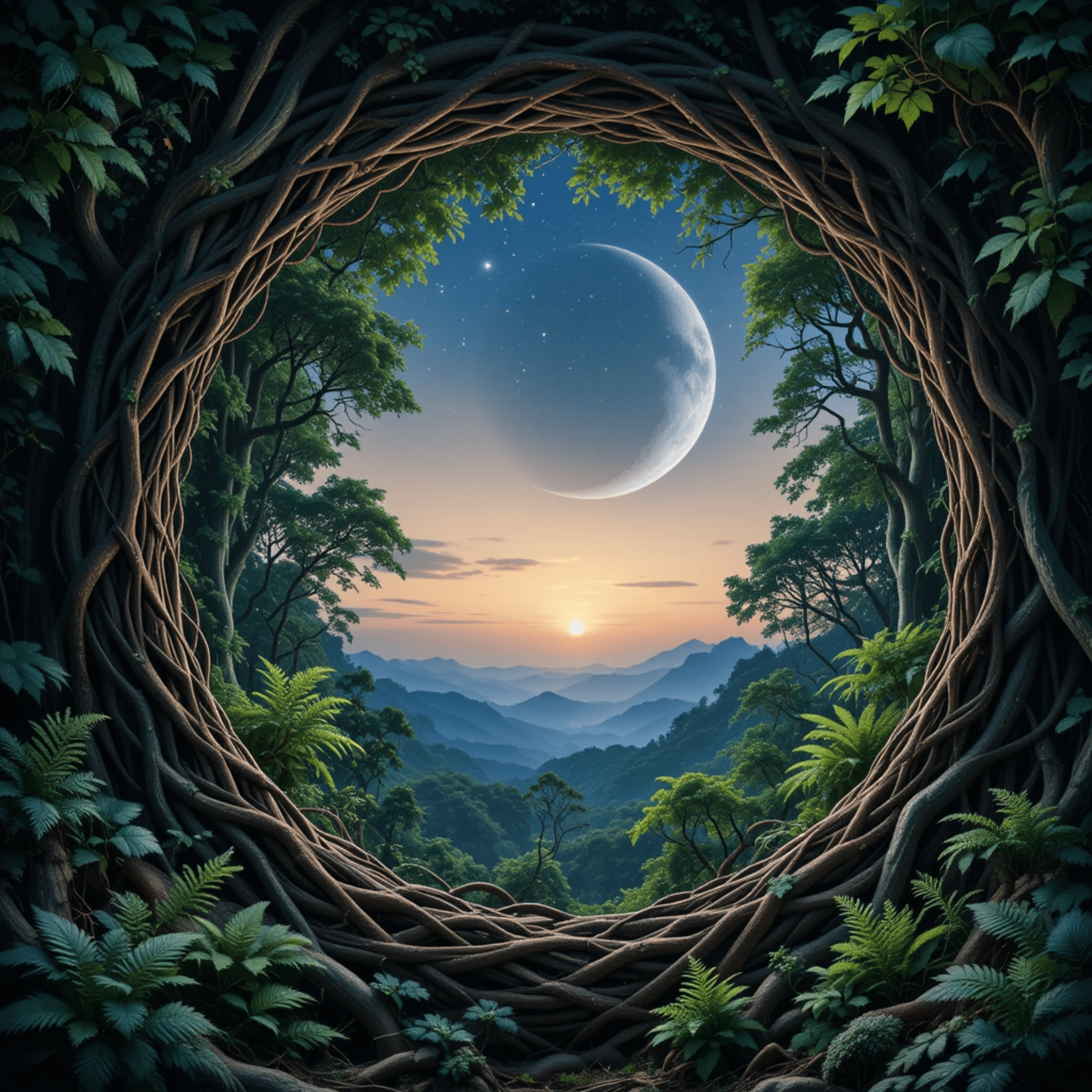 月與日出交織的迷人森林景觀 壁紙 — 一個由交織樹根形成的天然拱門，框住了新月和星空下層巒疊嶂的暮色景觀。