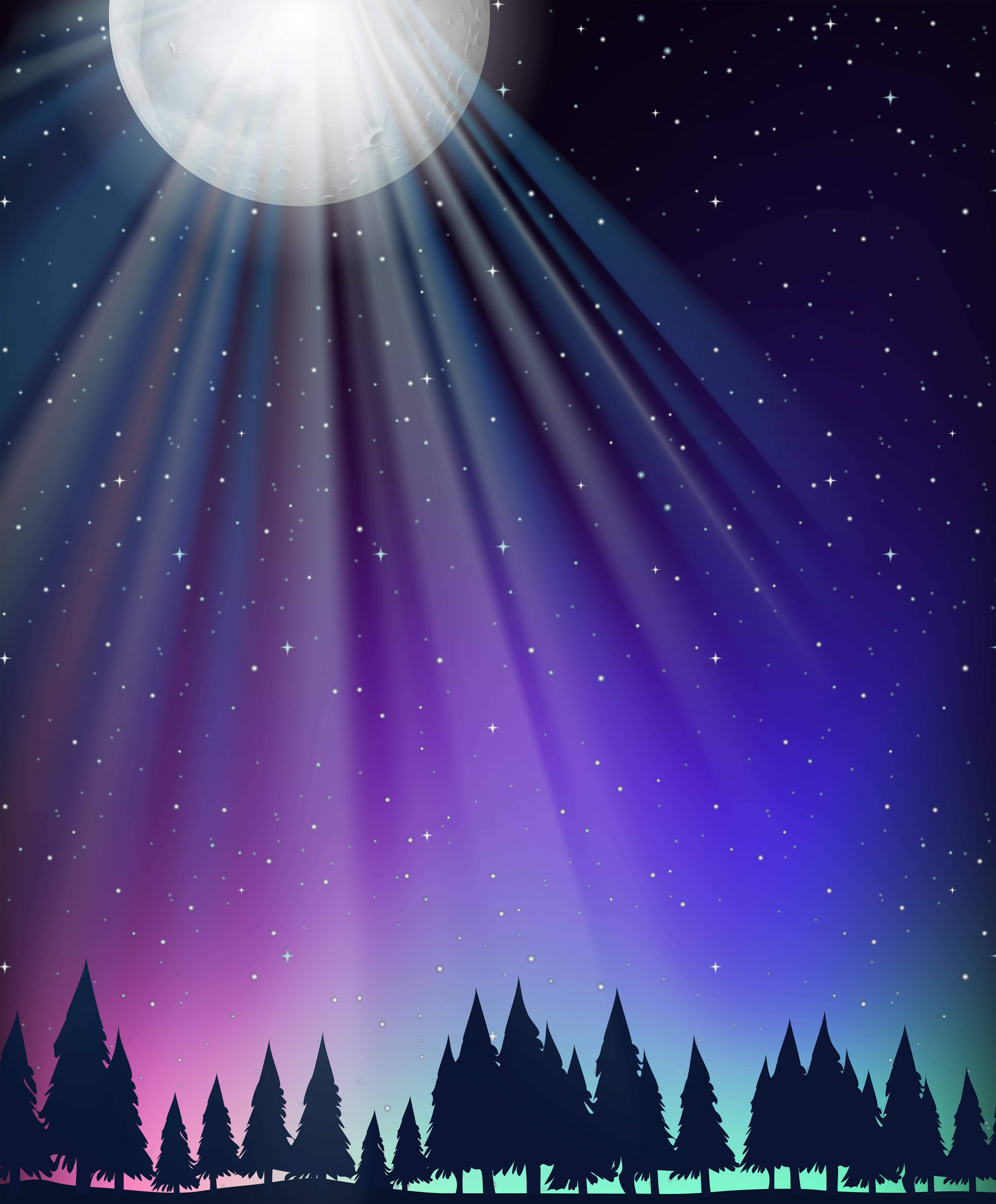 月與星夜景藝術 壁紙 — 一輪明亮的滿月透過繁星點點的暮色天空，在松樹的剪影上方灑下金色光芒。
