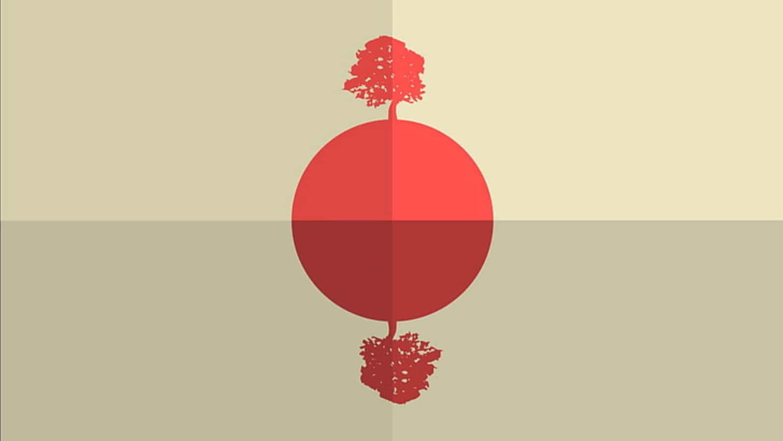 紅色樹木與圓形在米色背景上的鏡像倒影。