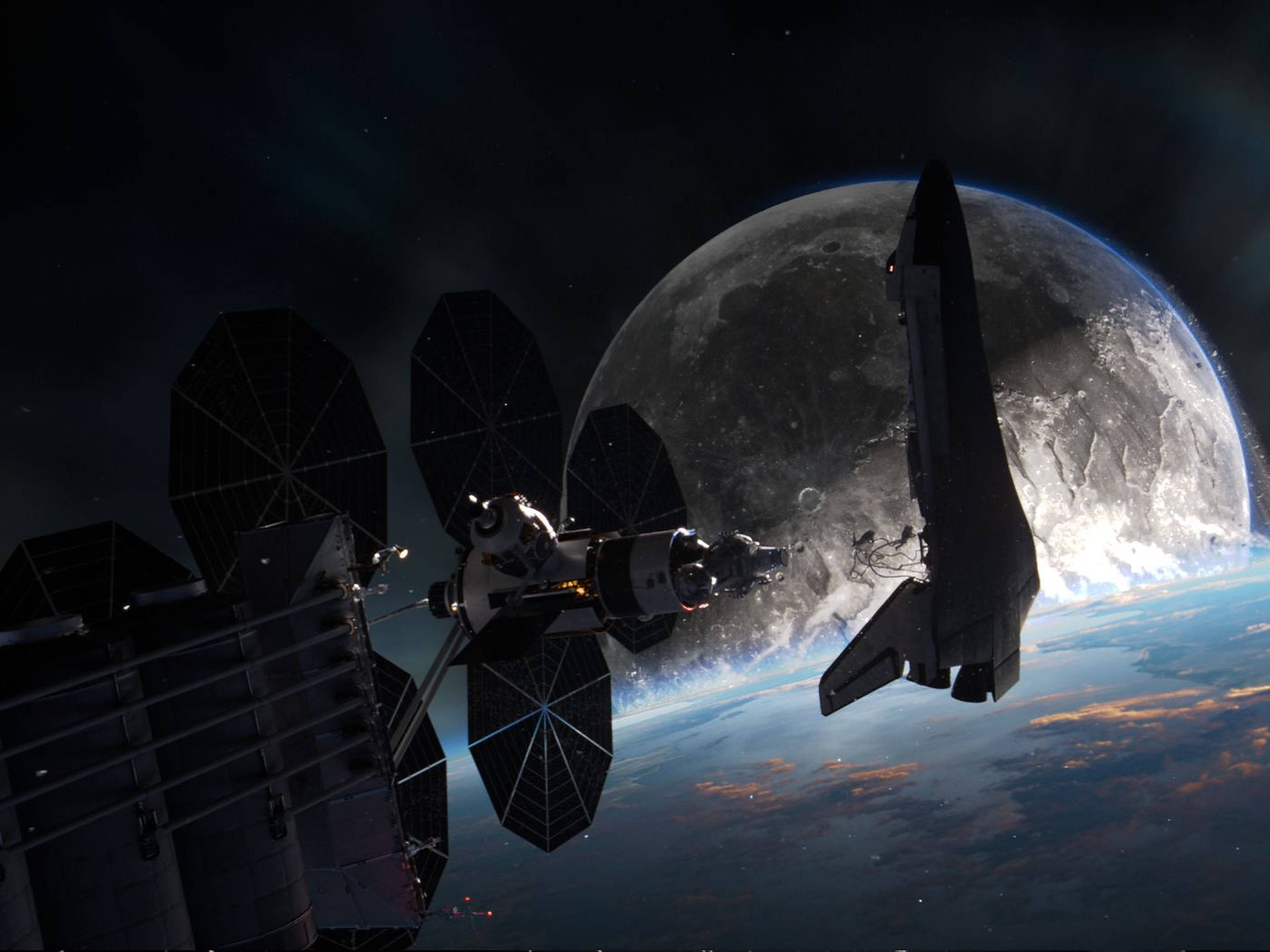 月落太空梭 壁紙 — 一架太空穿梭機在巨大的月球和地球發光的地平線背景下與衛星對接。