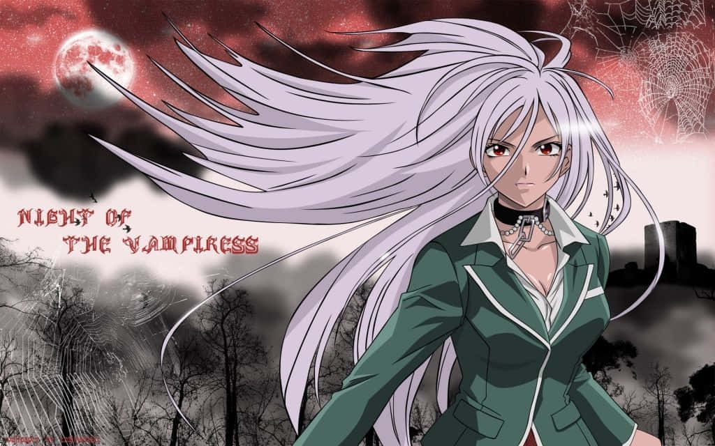 銀發動漫吸血鬼女孩，綠色制服，紅月，蜘蛛網。