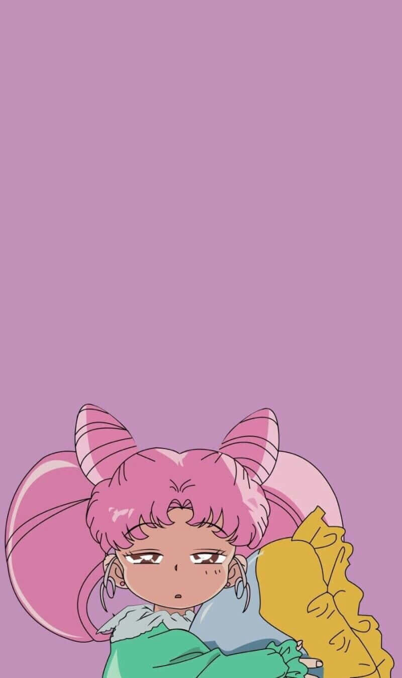 粉紅色頭髮、戴著貓耳的動漫女孩在薰衣草背景上抱著黃色毛絨玩具。