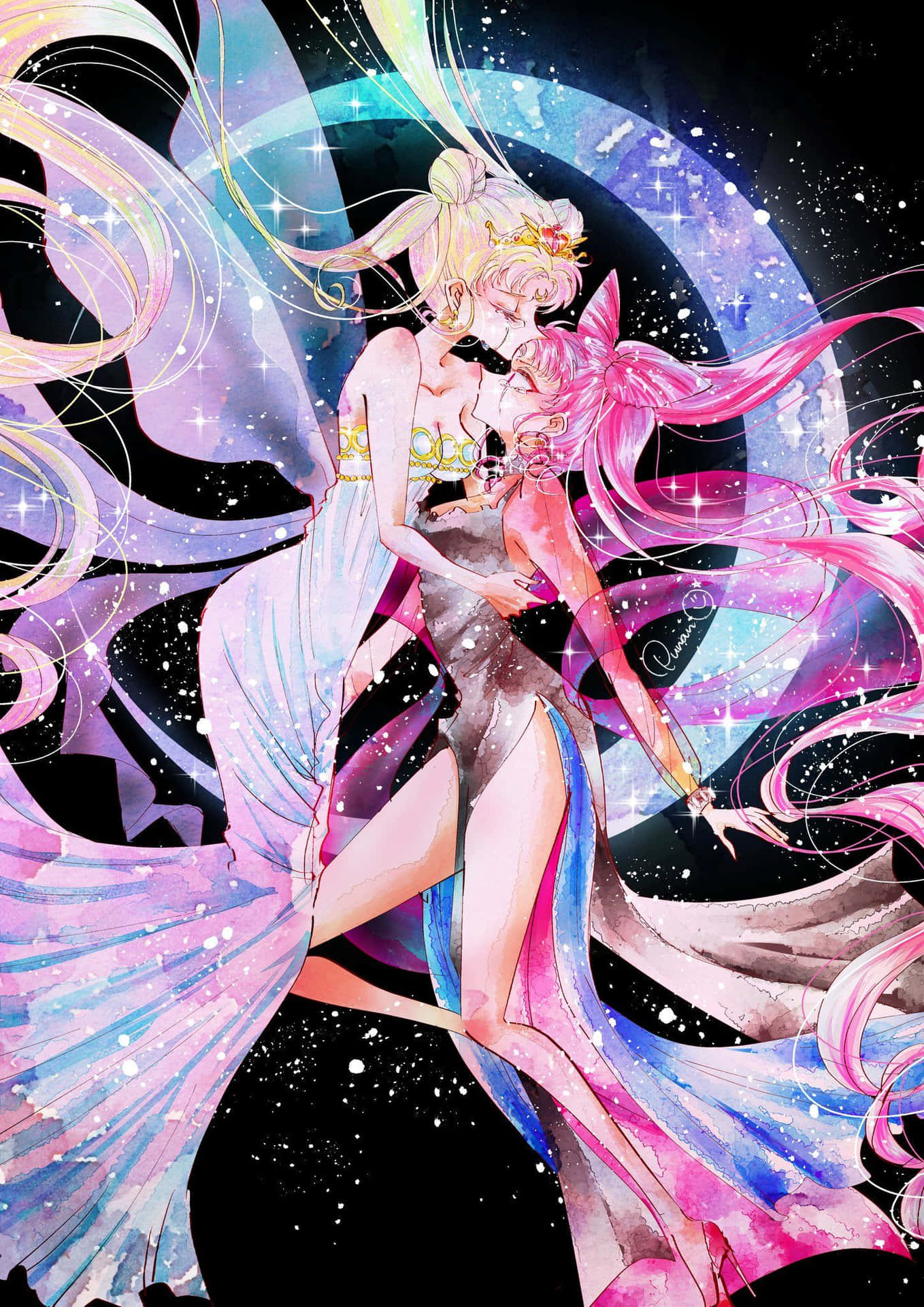 兩個穿著發光裙子的動漫女孩在旋轉的宇宙絲帶和星星中擁抱。