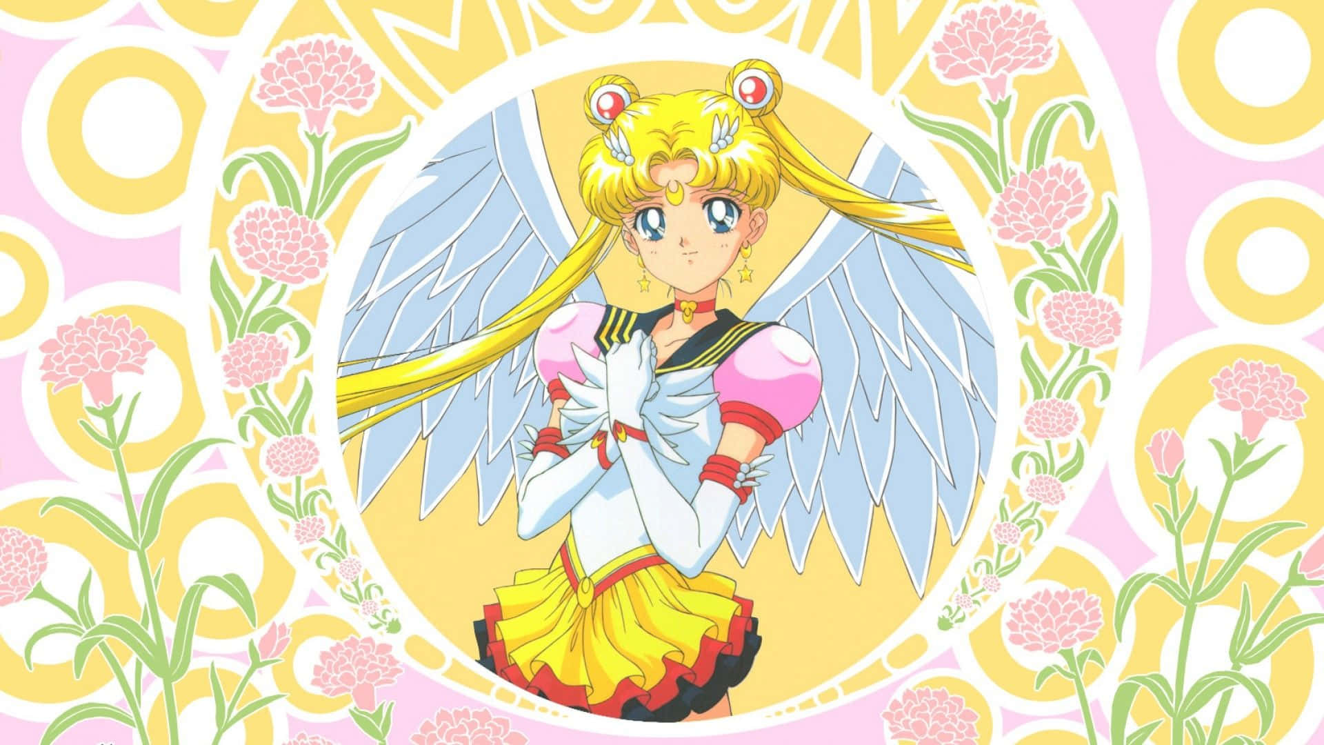 帶天使翅膀的美少女戰士Sailor Moon動漫角色在花卉圖案框架中。