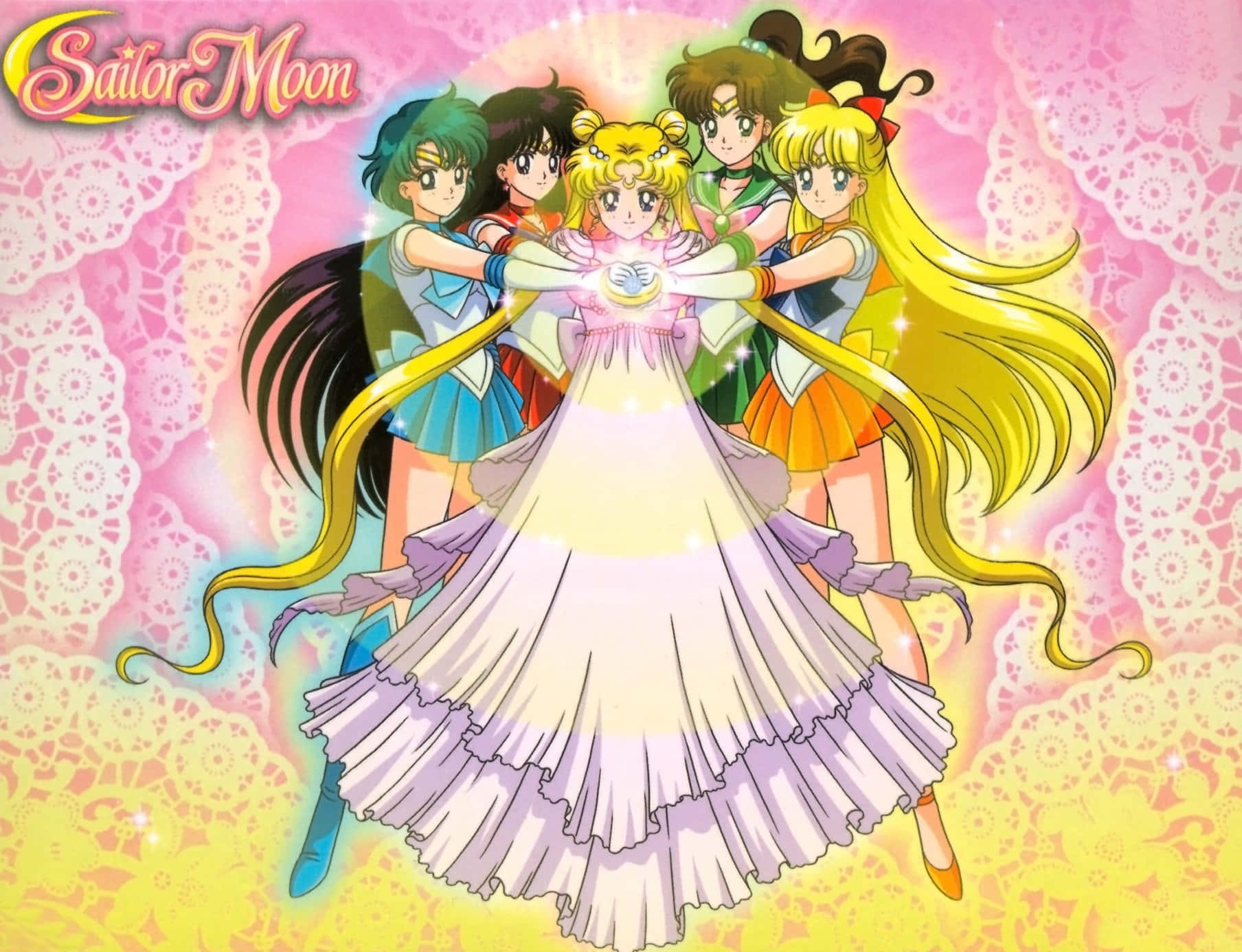 美少女戰士和她的朋友們以發光的雙手擺出魔法姿勢。