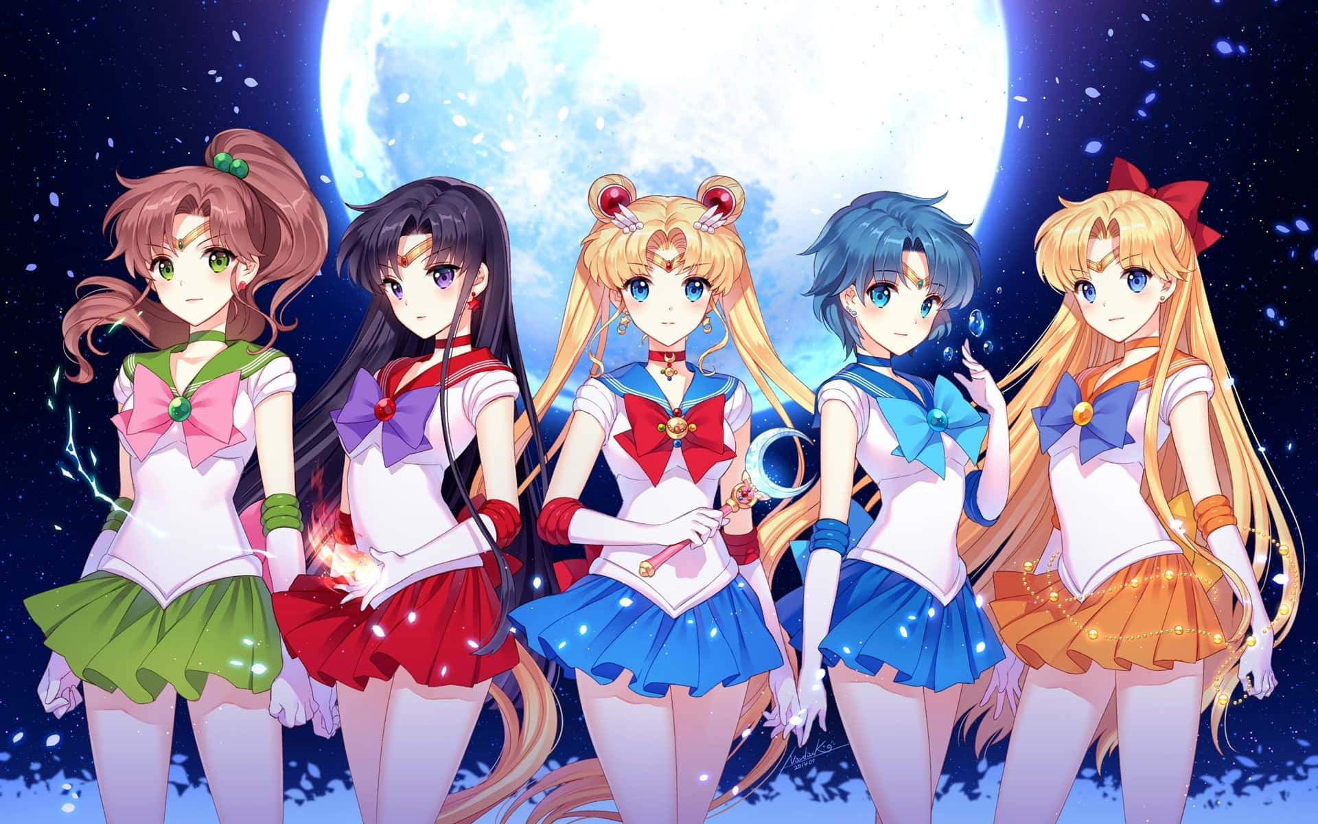 五位身穿水手服的動畫女孩在繁星點點的夜空下，在滿月下擺姿勢。