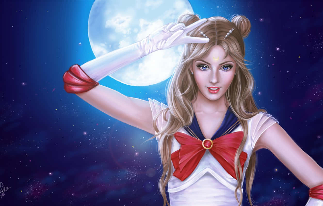 動漫女孩穿著水手服在太空中的滿月下擺姿勢