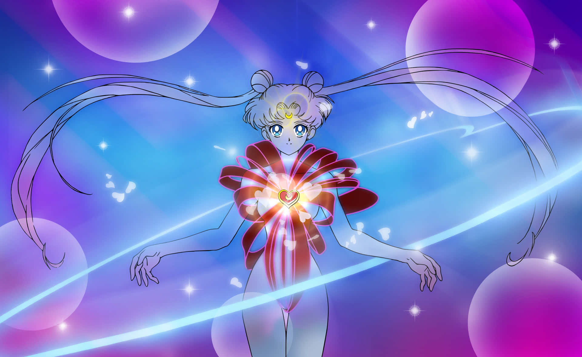 美少女戰士在宇宙環境中，以發光的心臟和蝴蝶效果變身。