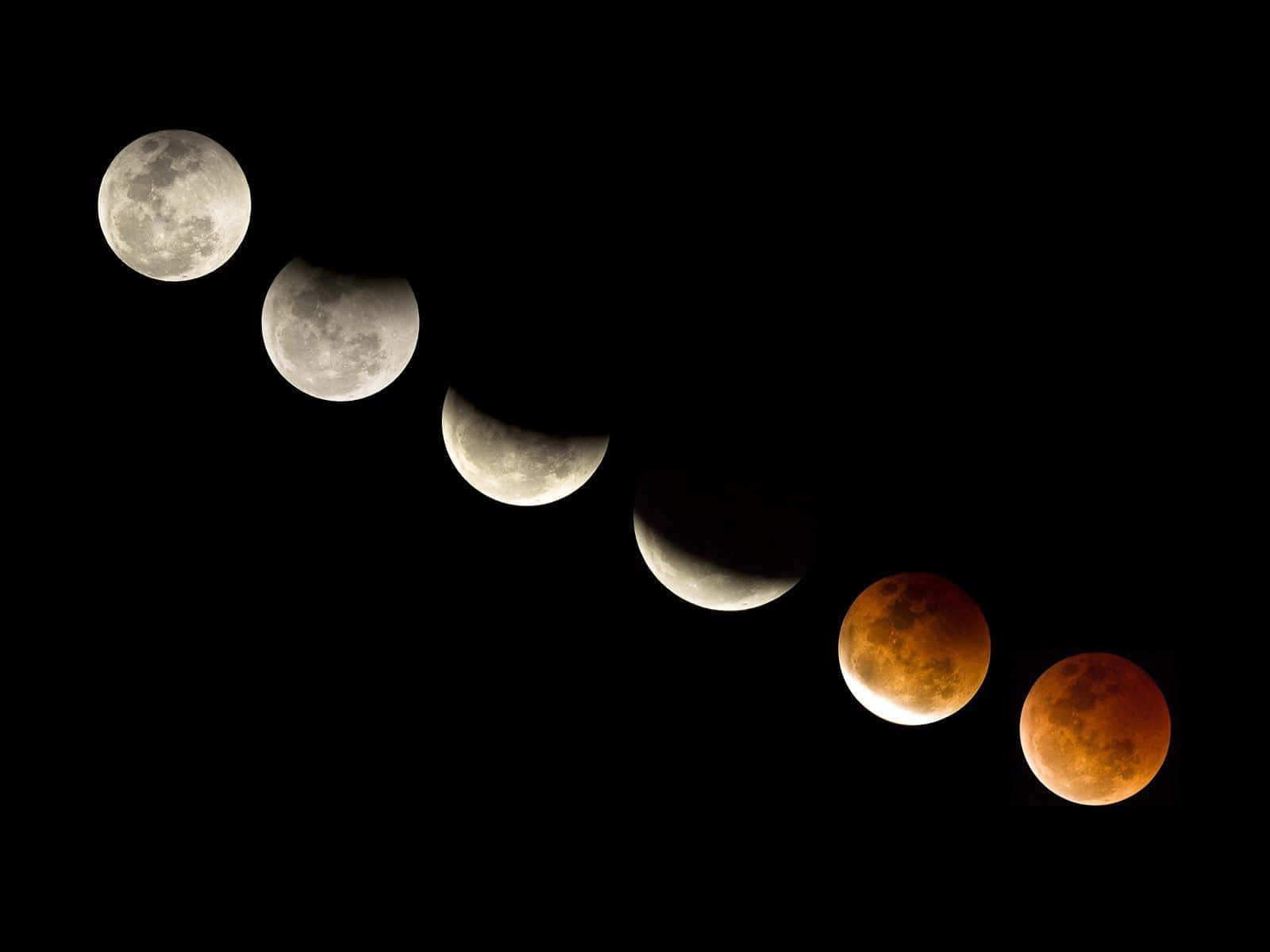 Moon Phases 桌布 壁紙 — 月食期間一系列月相，從滿月過渡到深紅橙色，背景為黑色天空。