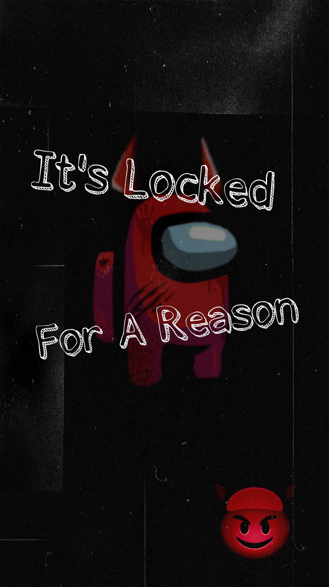 紅色Among Us角色，有魔鬼角同一個魔鬼表情符號，上面寫住 'It's Locked For A Reason'。
