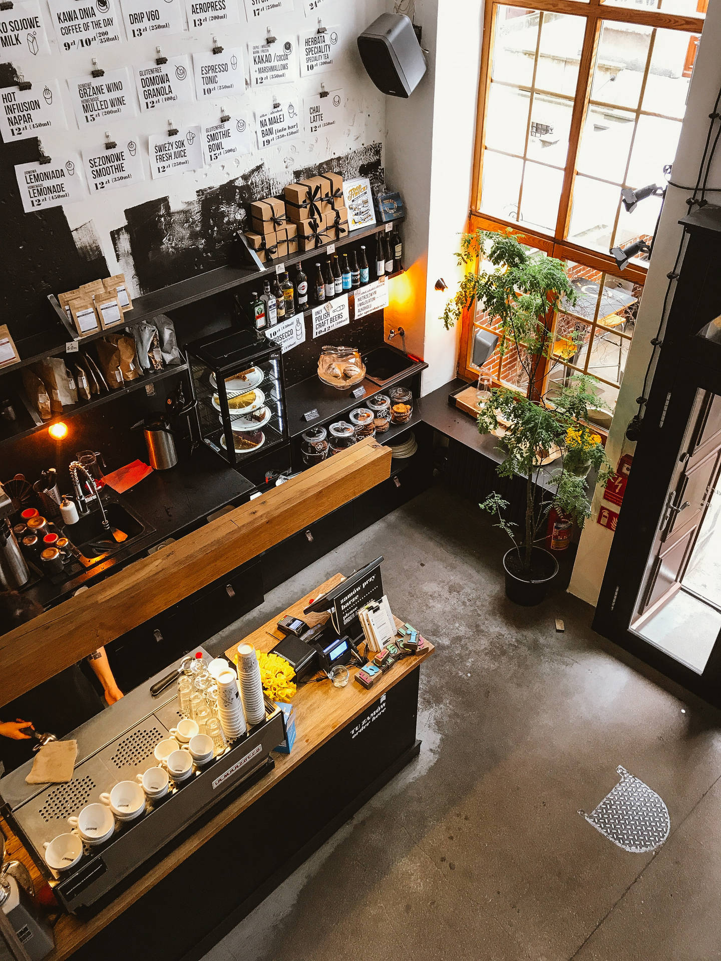 現代咖啡店內部，設有木製櫃檯、黑色層架，以及靠近窗戶的盆栽植物。
