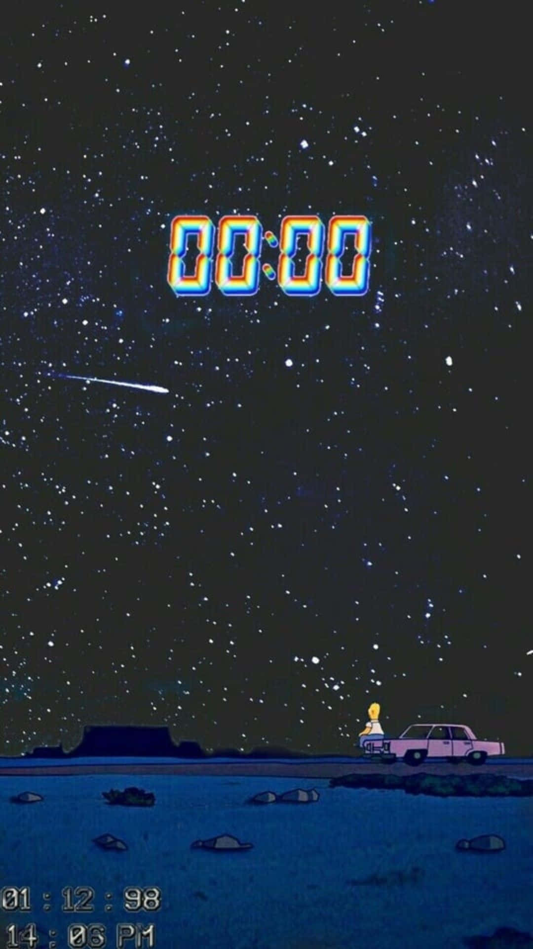 卡通角色在星空下站在汽車旁，帶有數位計時器。
