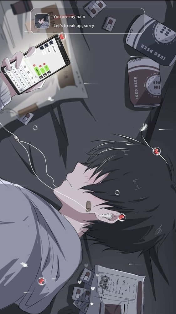 悲傷的動漫男孩躺著，聽著手機上的分手訊息，周圍有空的啤酒罐。