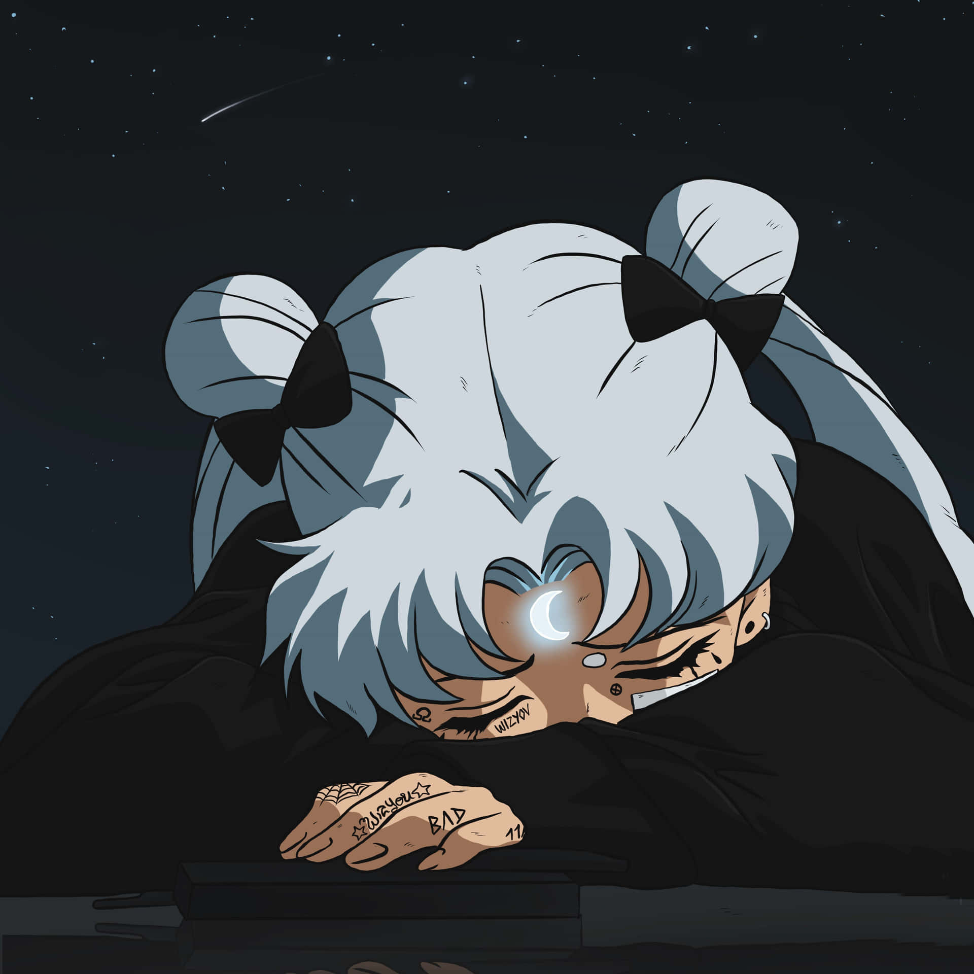 一位銀髮黑蝴蝶結的動漫女孩，在流星劃過的星空下睡覺。