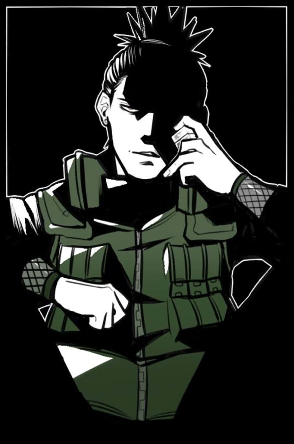 身穿綠色背心的動漫士兵在陰影中觸碰臉部。