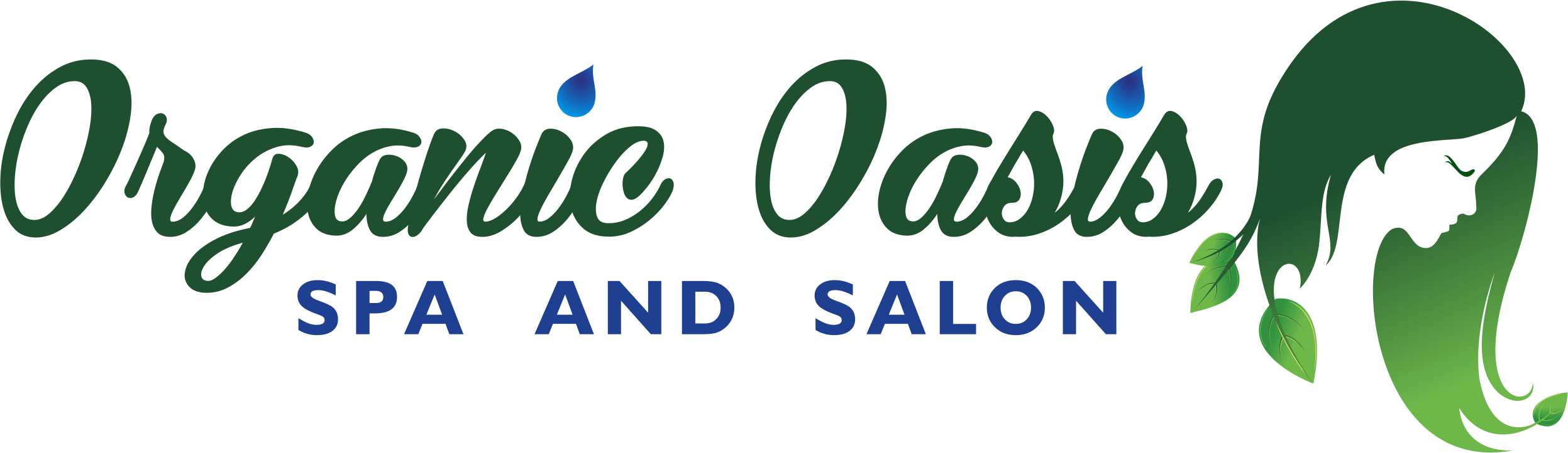 有機綠洲水療與美髮廳標誌 壁紙 — Organic Oasis Spa and Salon 的標誌，包含綠色草書文字、藍色水滴和一個風格化的女性側面輪廓，頭髮上有葉子。