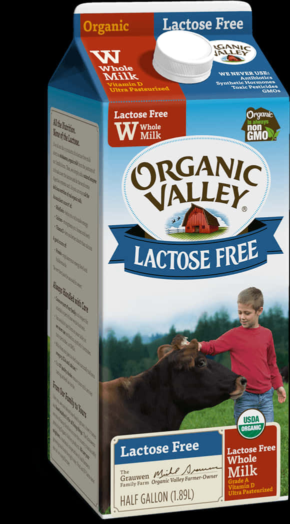 有機谷倉無乳糖全脂牛奶 壁紙 — 一盒Organic Valley無乳糖全脂牛奶，盒上有一個男孩在綠色田野中撫摸一頭牛。
