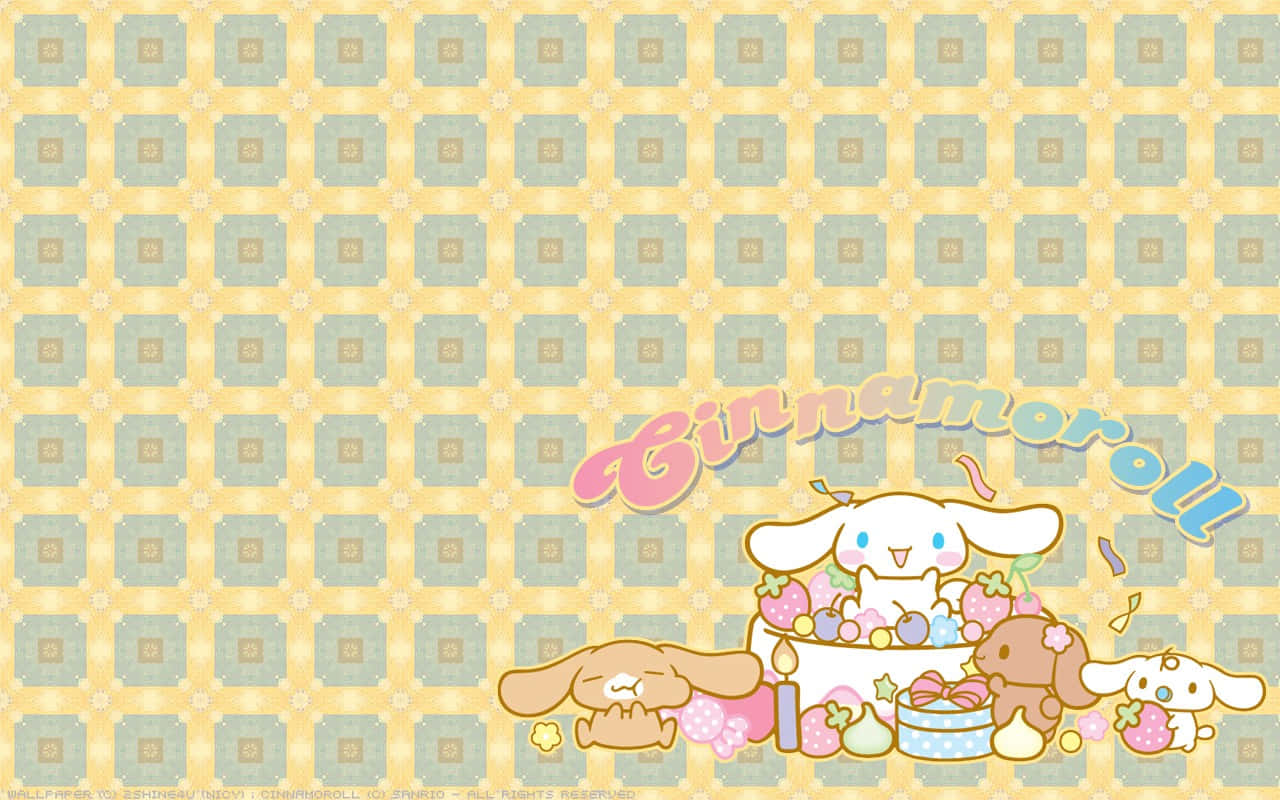 Cinnamoroll 同朋友喺有圖案嘅背景上享用蛋糕同士多啤梨。