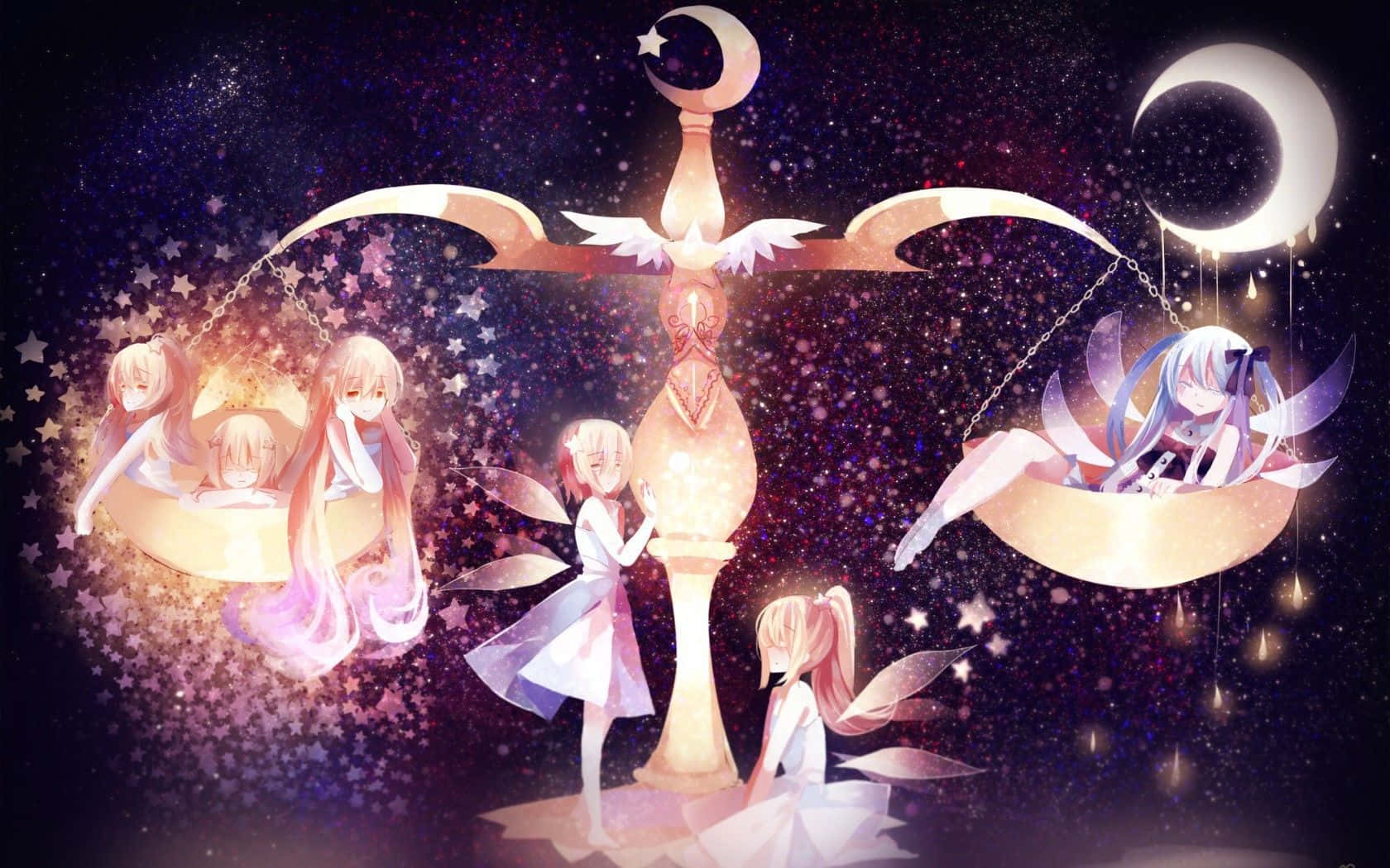 libra 桌布 壁紙 — 有翅膀的動漫女孩在星光宇宙天空下的新月上保持平衡，並有一個發光的天秤。