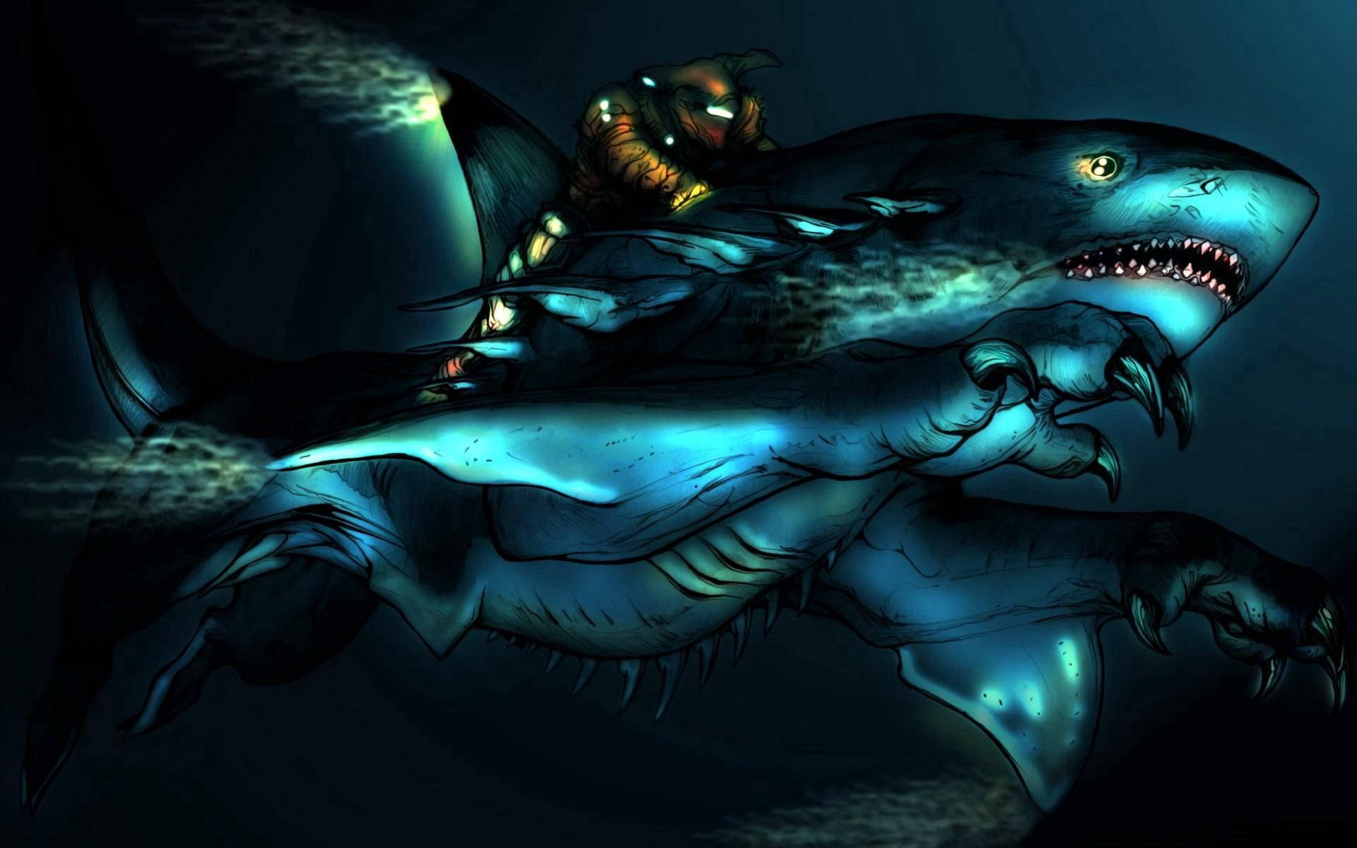 一位騎手騎著一隻眼睛發光、有爪子的鯊魚，在黑暗的海水中游動。