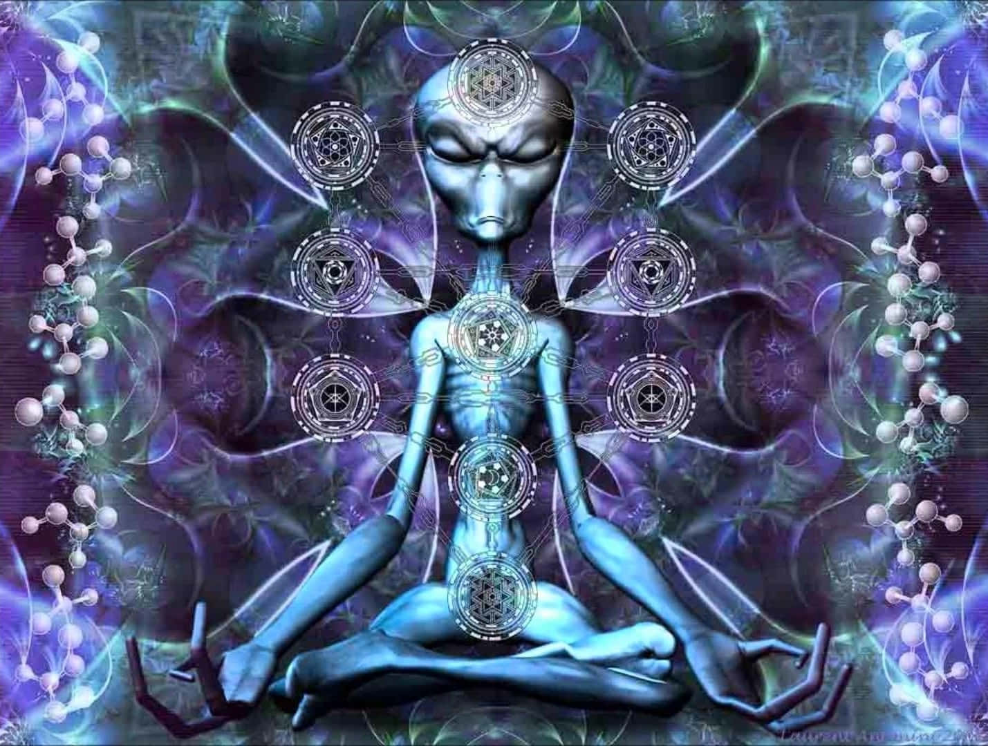 藍色外星人在宇宙紫色藍綠色背景中冥想，帶有發光符號和分子鏈