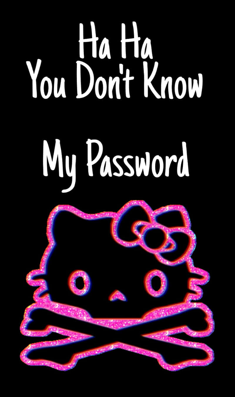 Hello Kitty骷髏頭和交叉骨頭，附有關於密碼秘密的文字。