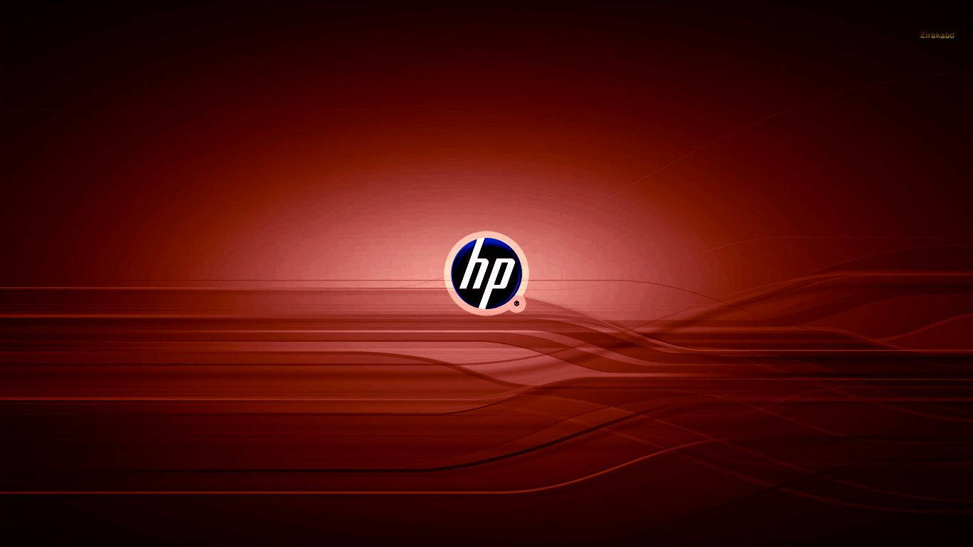 HP 標誌在紅色抽象背景上，帶有流動線條。