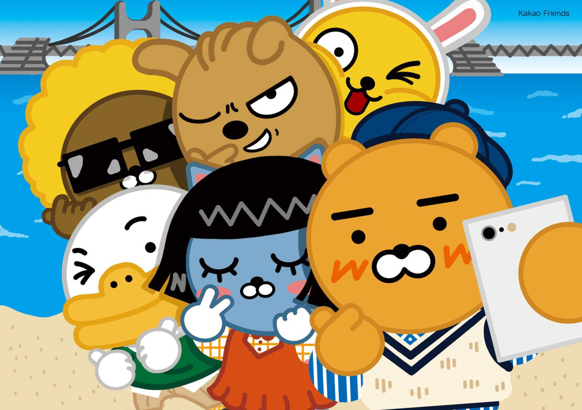 Kakao Friends 角色一起享受海灘日。