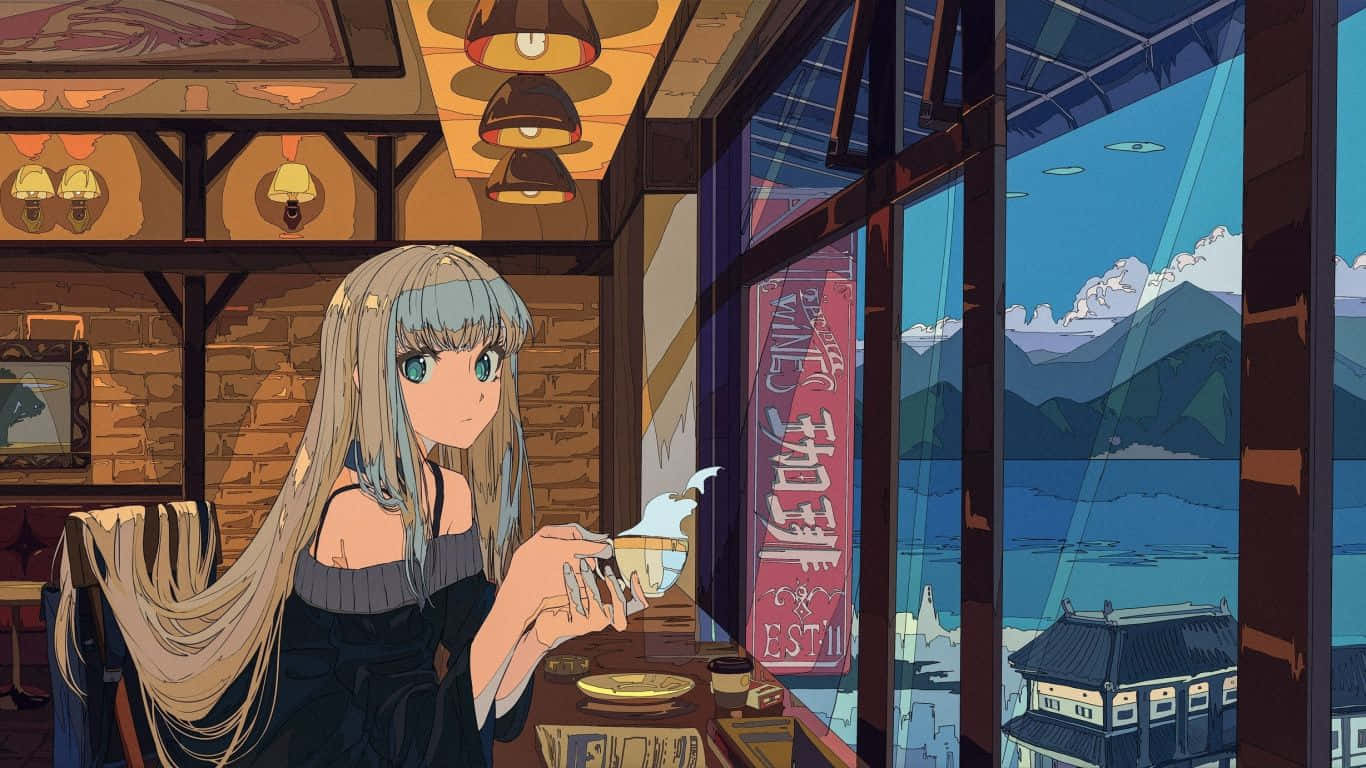 動漫女孩在咖啡館裡喝茶，欣賞日落時分的山海景色。