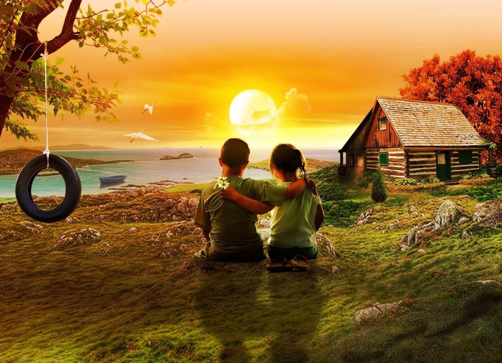 兩個孩子坐在山上，看著小屋附近海上的日落。