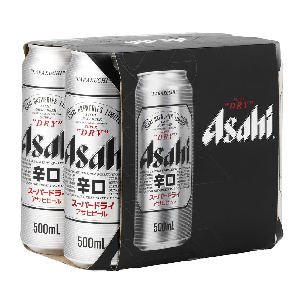 六罐Asahi Super Dry啤酒裝在黑色紙板六罐裝提架中。