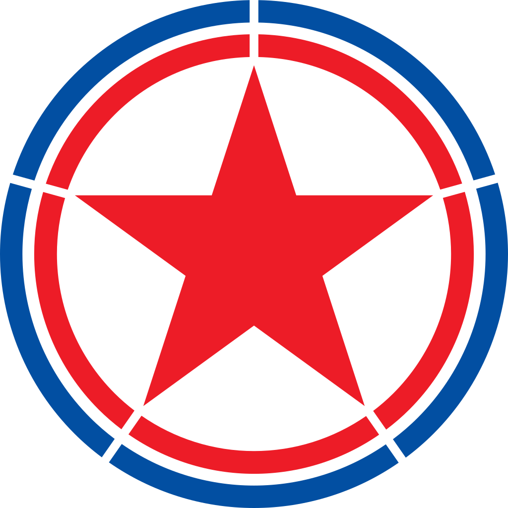 朝鮮民主主義人民共和國國旗圖形 壁紙 — 一個大膽的紅色星星位於圓形徽章中央，徽章有紅色和藍色的同心圓環，背景為白色。