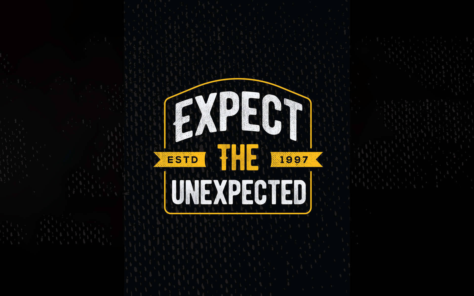 大膽的勵志文字標誌，上面寫著「Expect the Unexpected」，並帶有「ESTD 1997」，位於紋理深色背景上。