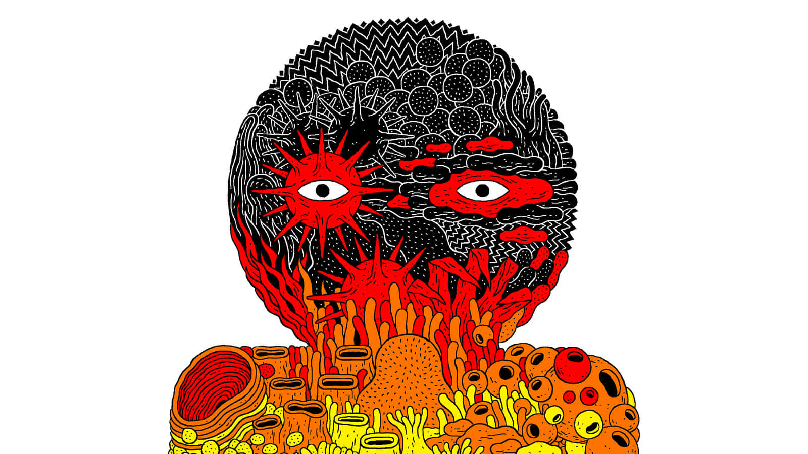 一個超現實的插圖，描繪一個帶有眼睛和珊瑚狀生長物的頭部。