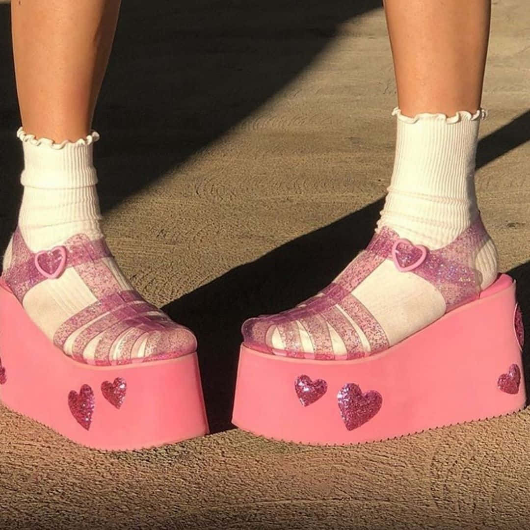 Pink Shoes 桌布 壁紙 — 木地板上，腳穿特大粉紅色閃粉厚底鞋，飾有心形圖案及白色荷葉邊襪子的特寫。