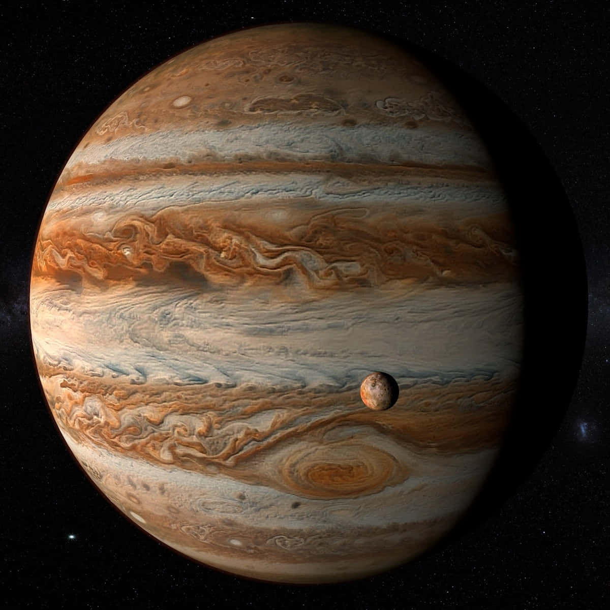 木星及其衛星在繁星點點的太空中運行。 — 木星 GIF 壁紙