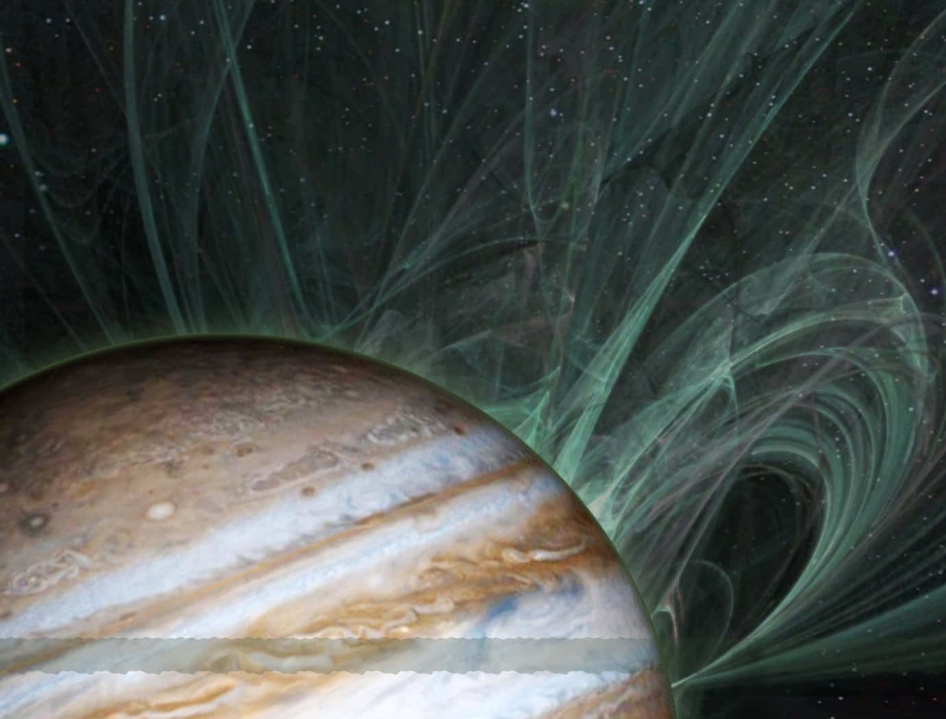 Celestial Bodies 桌布 壁紙 — 木星嘅旋轉風暴同發光綠色磁層喺星光宇宙背景下放射。