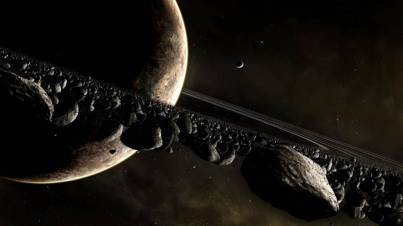 在深空中被小行星包圍的帶光環行星。